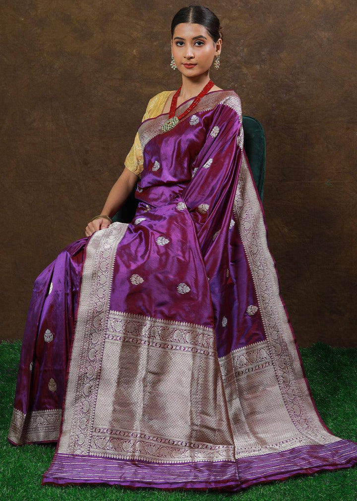 French Purple Hand Woven Pure Katan Silk Saree | Stitched Blouse - qivii