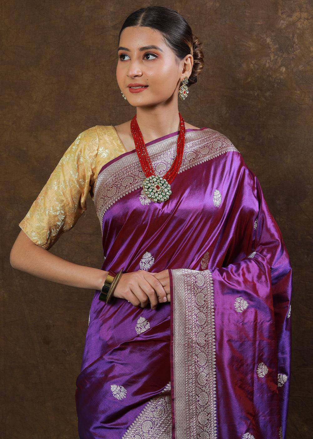 French Purple Hand Woven Pure Katan Silk Saree | Stitched Blouse - qivii