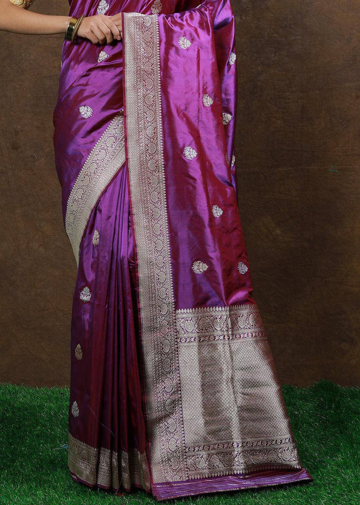 French Purple Hand Woven Pure Katan Silk Saree | Stitched Blouse - qivii