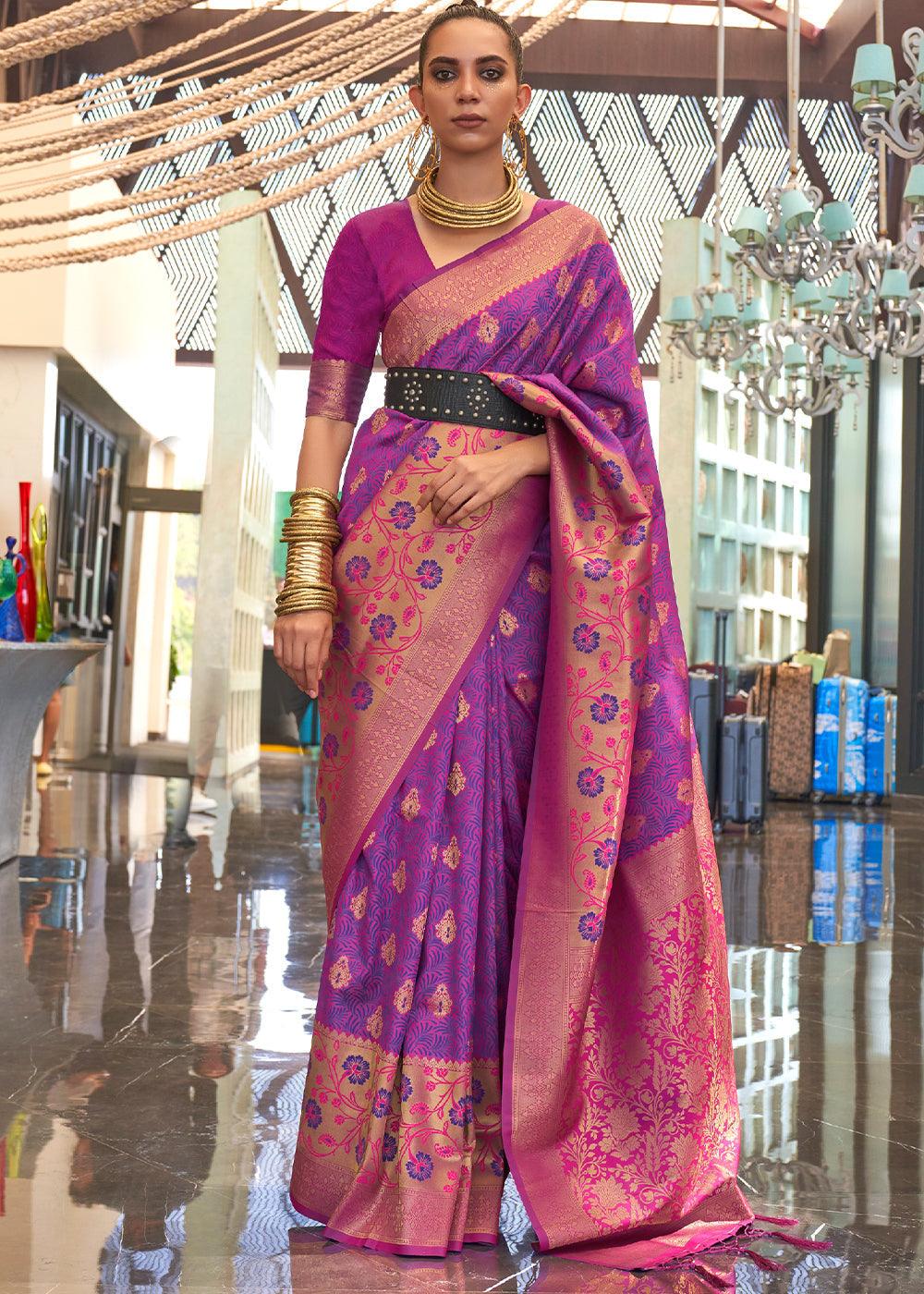 French Purple Zari Woven Banarasi Silk Saree - qivii