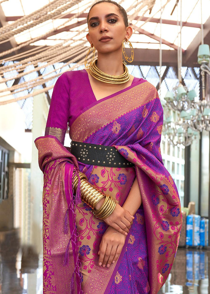 French Purple Zari Woven Banarasi Silk Saree - qivii