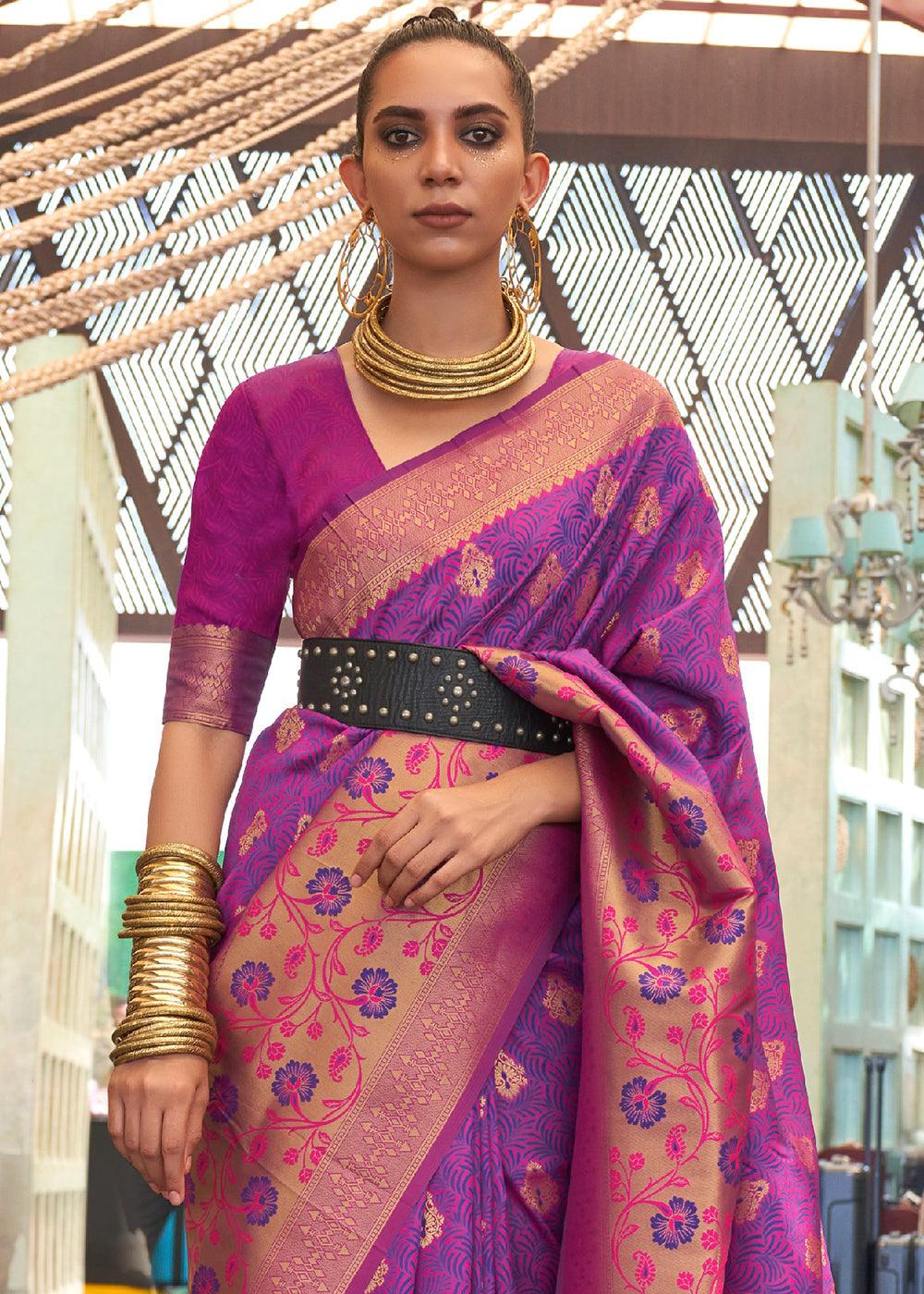 French Purple Zari Woven Banarasi Silk Saree - qivii