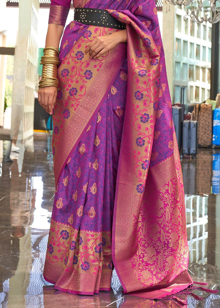 French Purple Zari Woven Banarasi Silk Saree - qivii