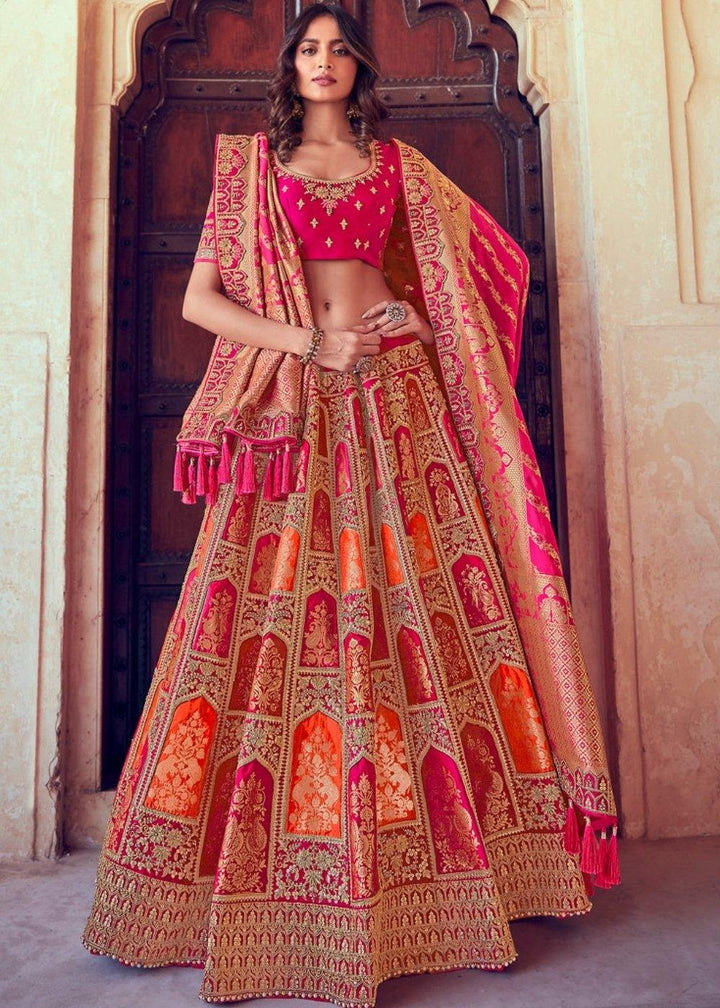 French Rose Pink Banarasi Silk Lehenga Choli with Khatli work Embroidery - qivii