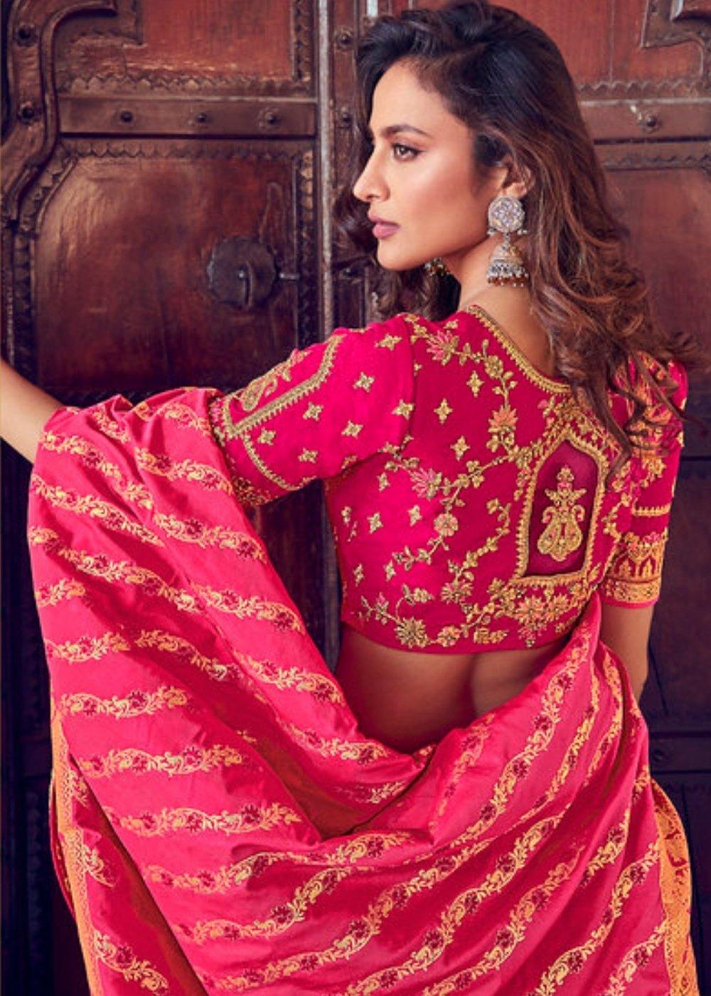 French Rose Pink Banarasi Silk Lehenga Choli with Khatli work Embroidery - qivii