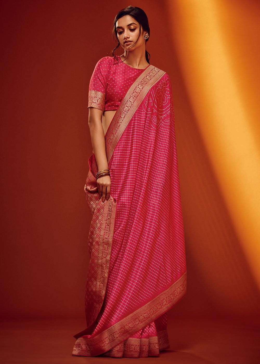 French Rose Pink Bandhani Printed Woven Viscose Silk Saree - qivii