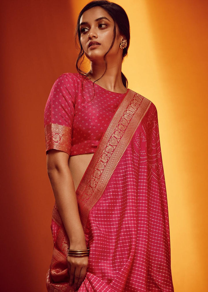 French Rose Pink Bandhani Printed Woven Viscose Silk Saree - qivii