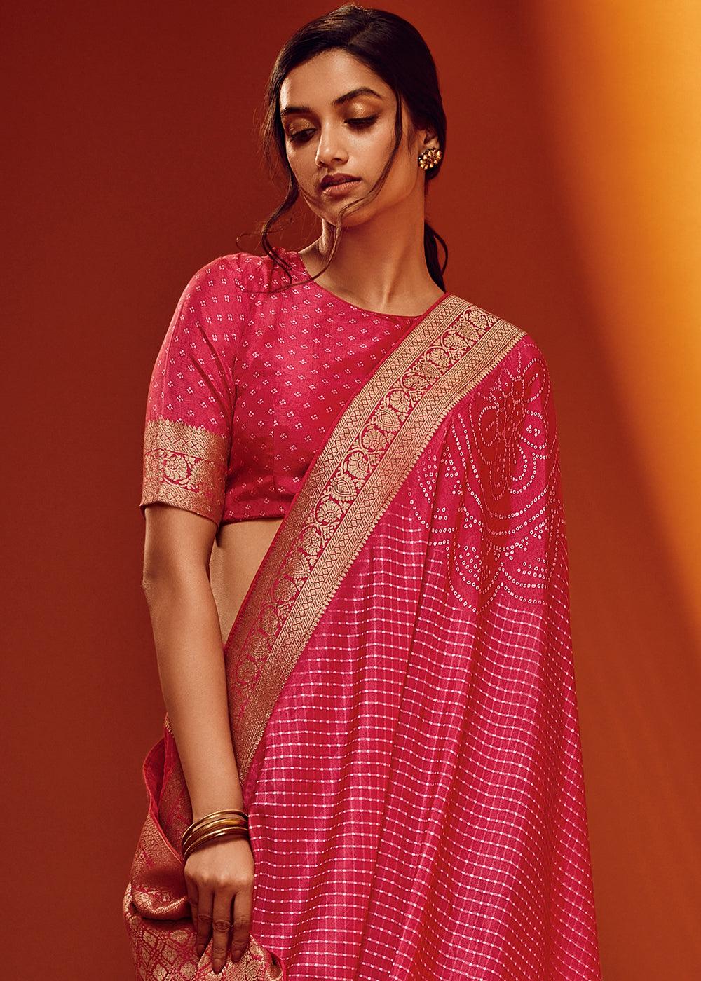 French Rose Pink Bandhani Printed Woven Viscose Silk Saree - qivii