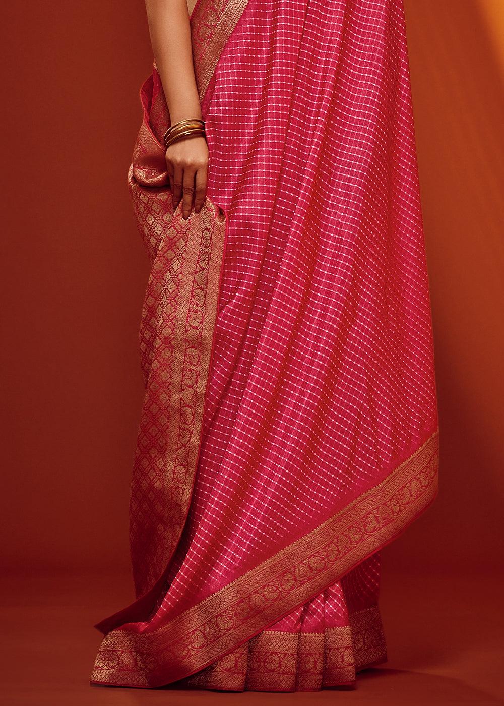 French Rose Pink Bandhani Printed Woven Viscose Silk Saree - qivii