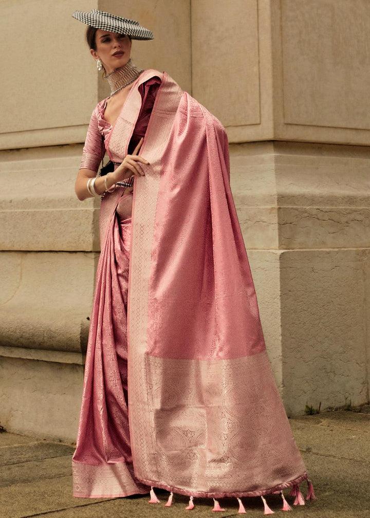 French Rose Pink Handloom Woven Satin Silk Saree - qivii