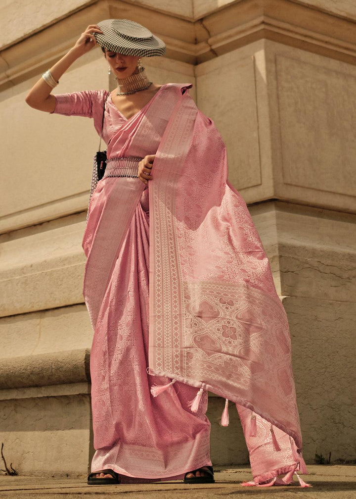 French Rose Pink Handloom Woven Satin Silk Saree - qivii