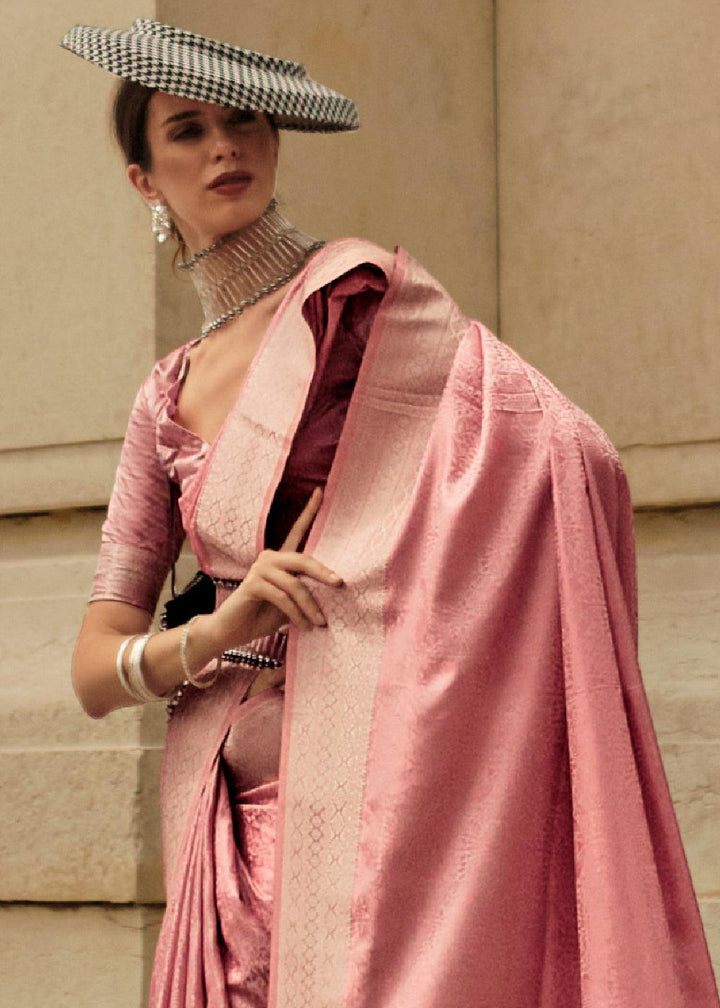 French Rose Pink Handloom Woven Satin Silk Saree - qivii