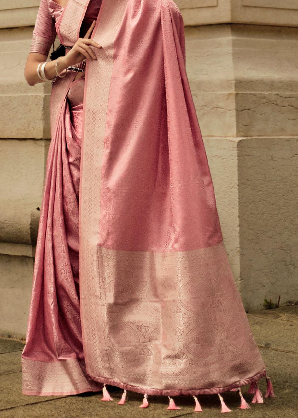 French Rose Pink Handloom Woven Satin Silk Saree - qivii