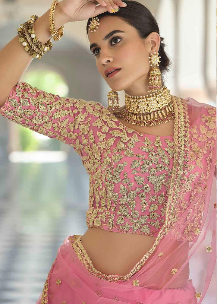 French Rose Pink Soft Net Lehenga Choli with Dori & Sequins work - qivii