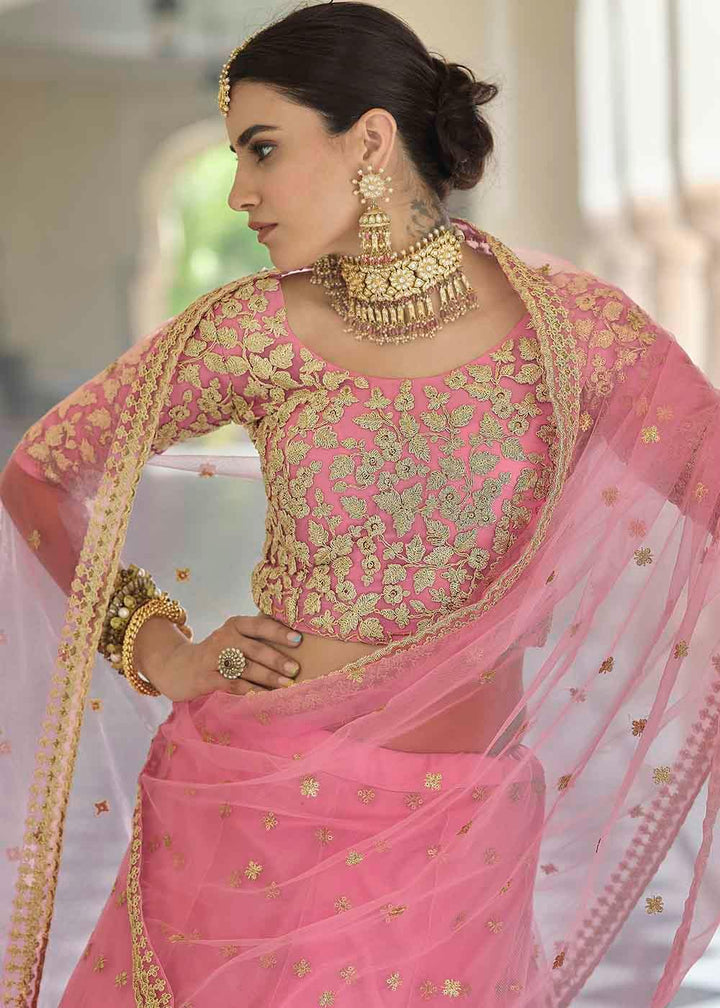 French Rose Pink Soft Net Lehenga Choli with Dori & Sequins work - qivii