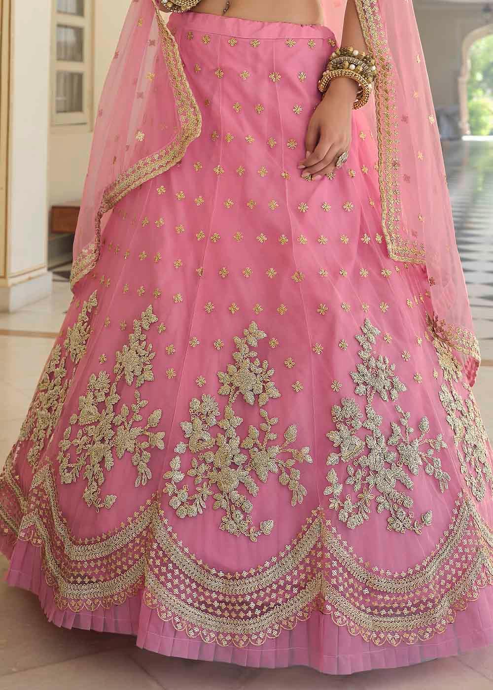 French Rose Pink Soft Net Lehenga Choli with Dori & Sequins work - qivii