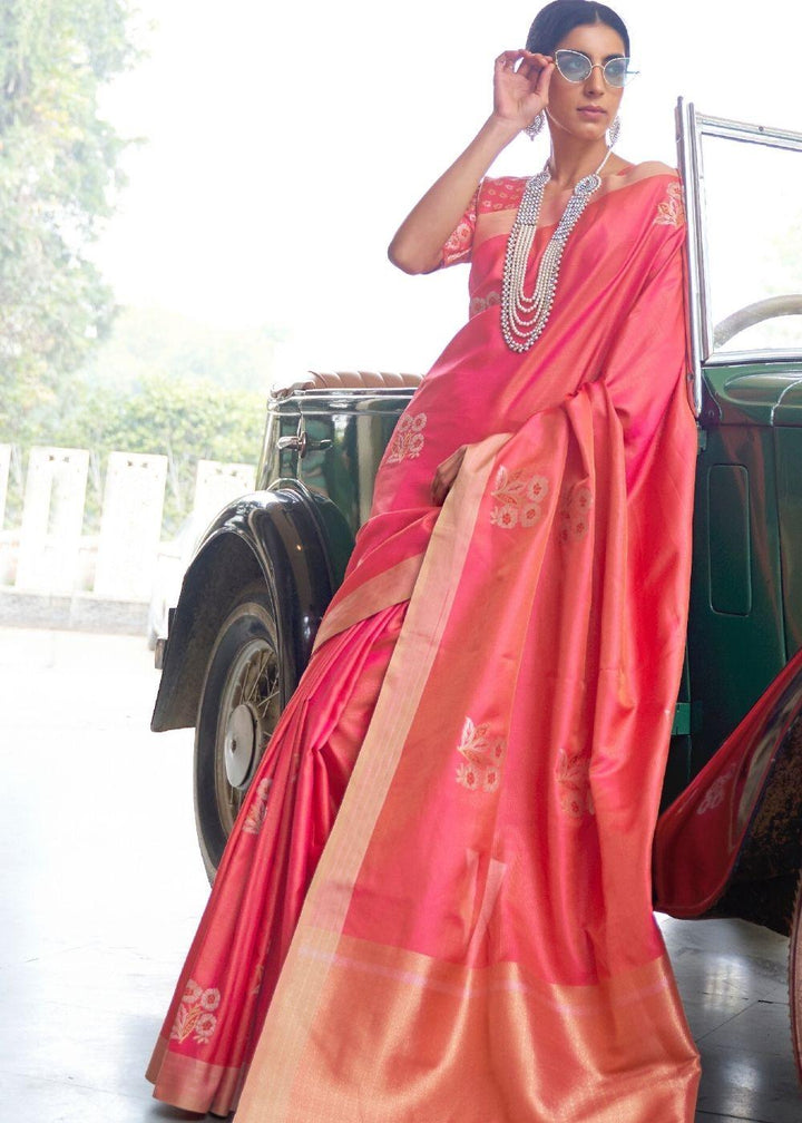 French Rose Pink Zari Butta Banarasi-Chanderi Fusion Silk Saree | Stitched Blouse - qivii