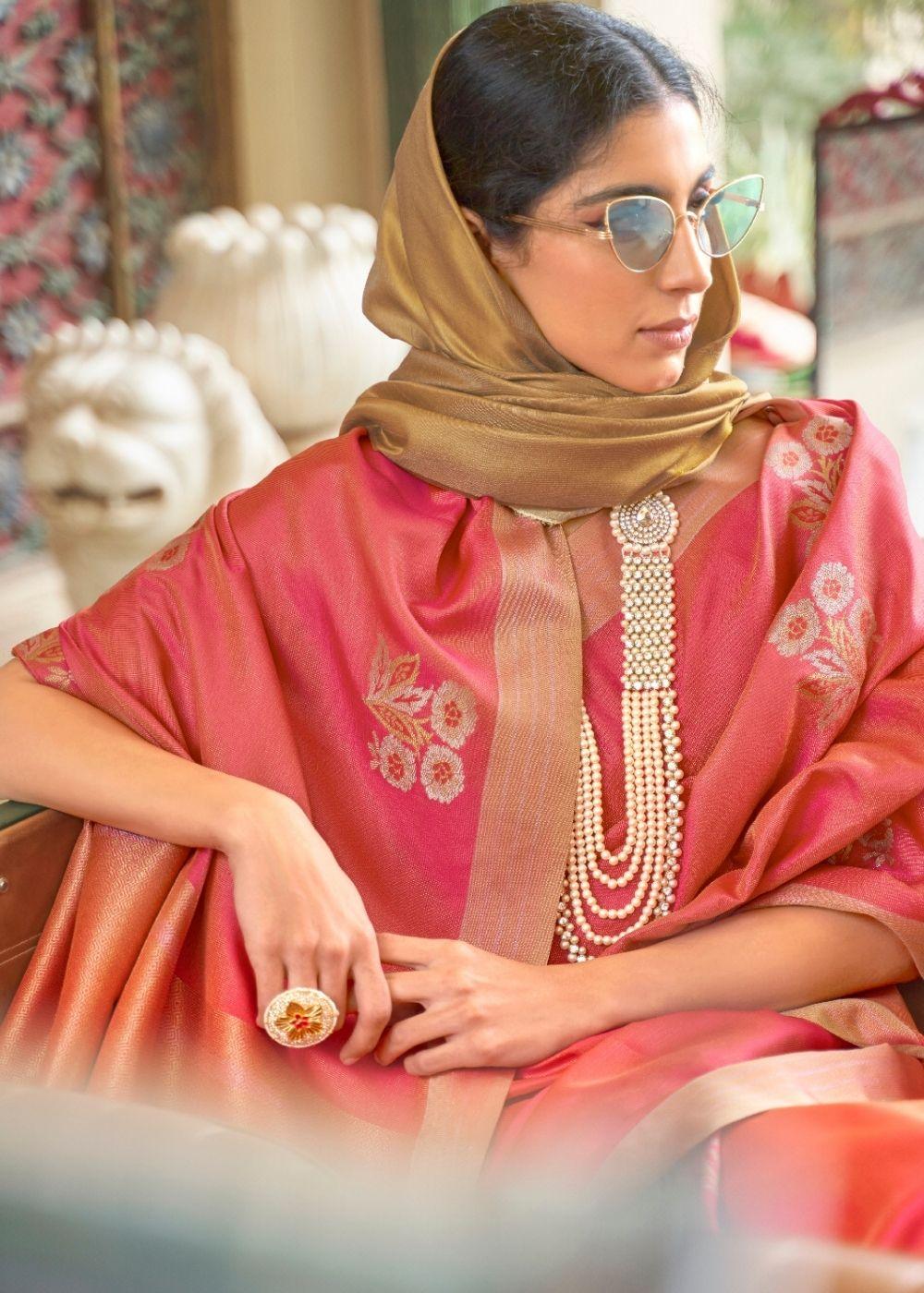 French Rose Pink Zari Butta Banarasi-Chanderi Fusion Silk Saree | Stitched Blouse - qivii