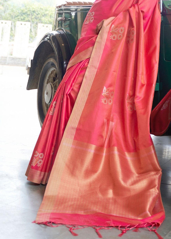 French Rose Pink Zari Butta Banarasi-Chanderi Fusion Silk Saree | Stitched Blouse - qivii