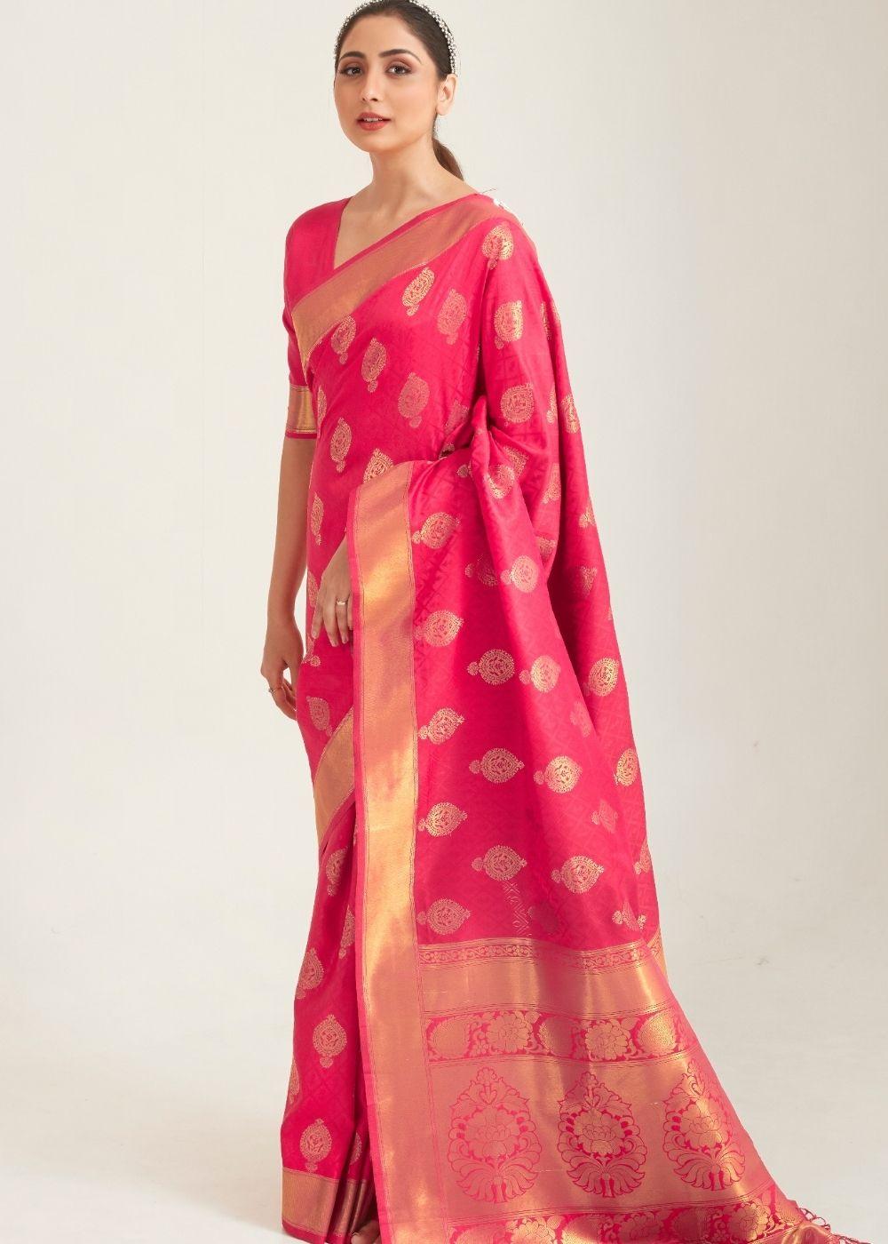 French Rose Pink Zari Butta Woven Banasari Silk Saree | Stitched Blouse - qivii