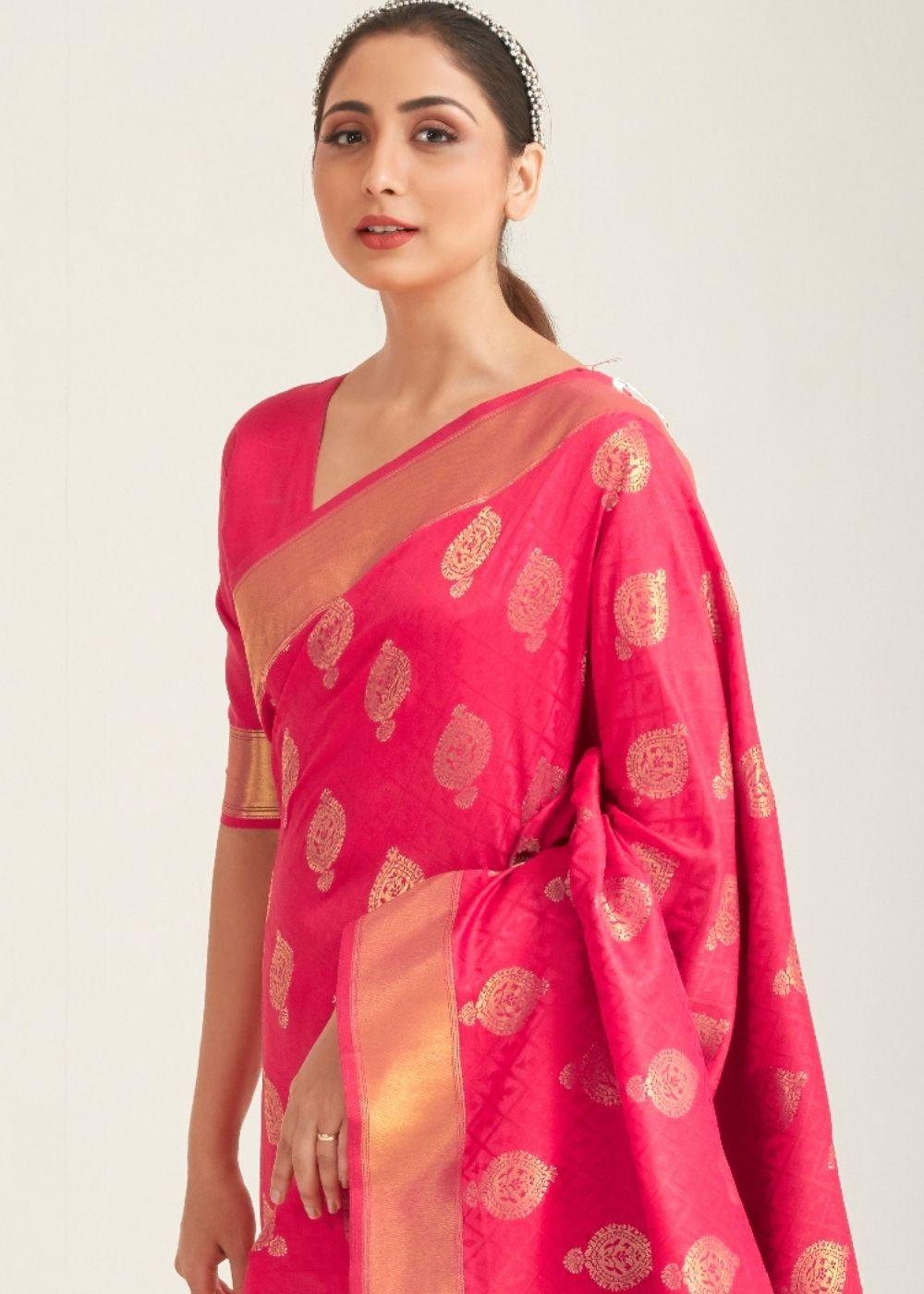 French Rose Pink Zari Butta Woven Banasari Silk Saree | Stitched Blouse - qivii