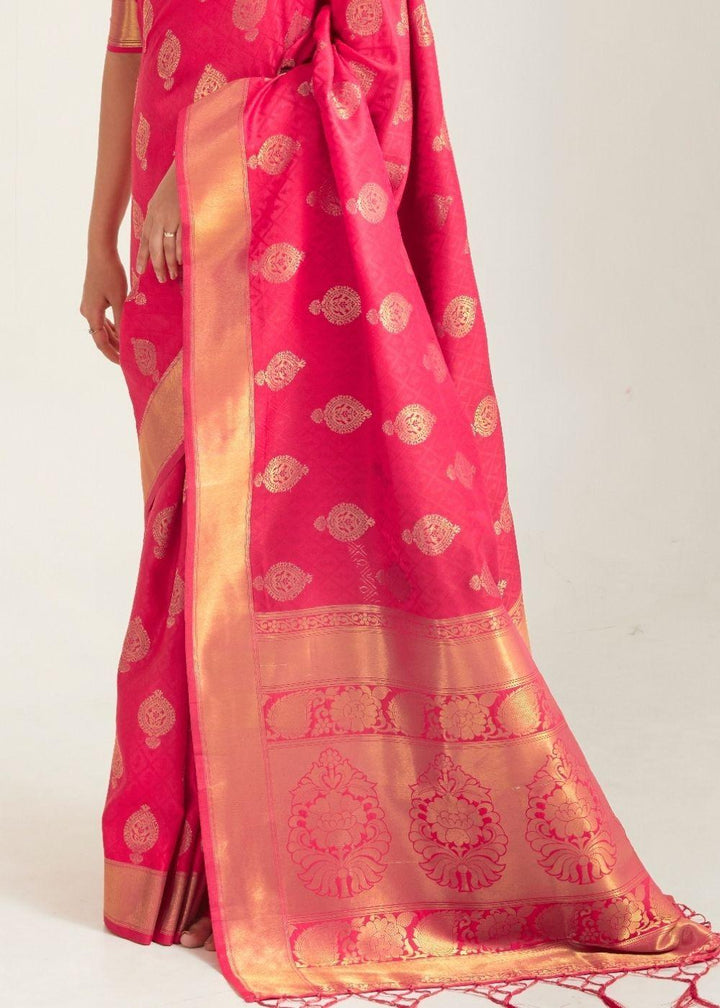 French Rose Pink Zari Butta Woven Banasari Silk Saree | Stitched Blouse - qivii