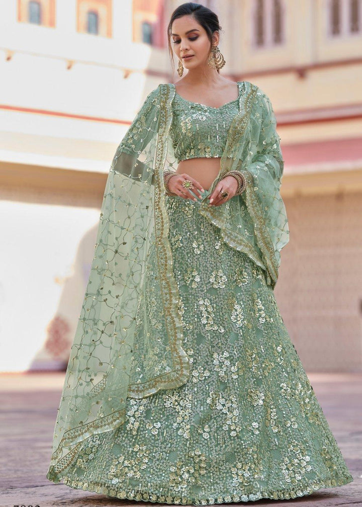 Frog Green Soft Net Lehenga Choli with Sequins, Thread & Stone work - qivii