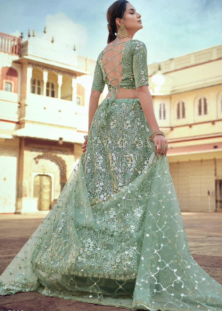 Frog Green Soft Net Lehenga Choli with Sequins, Thread & Stone work - qivii