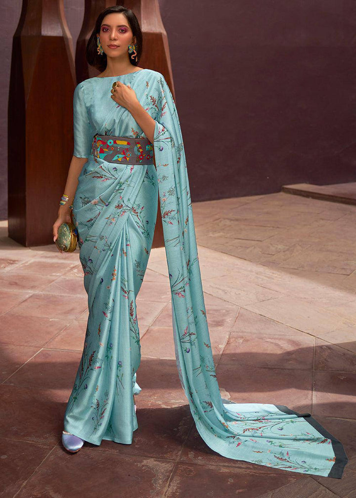 Frost Blue Floral Printed Satin Crepe Saree | Stitched Blouse - qivii