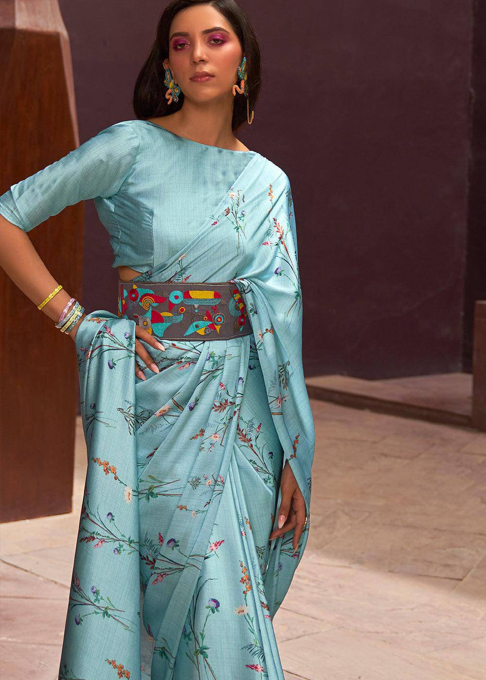 Frost Blue Floral Printed Satin Crepe Saree | Stitched Blouse - qivii