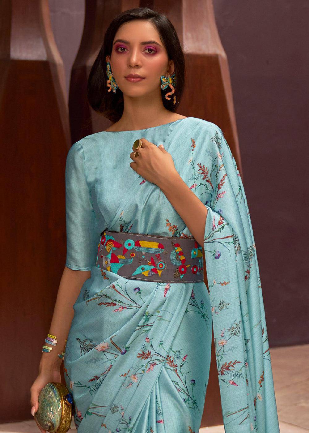 Frost Blue Floral Printed Satin Crepe Saree | Stitched Blouse - qivii