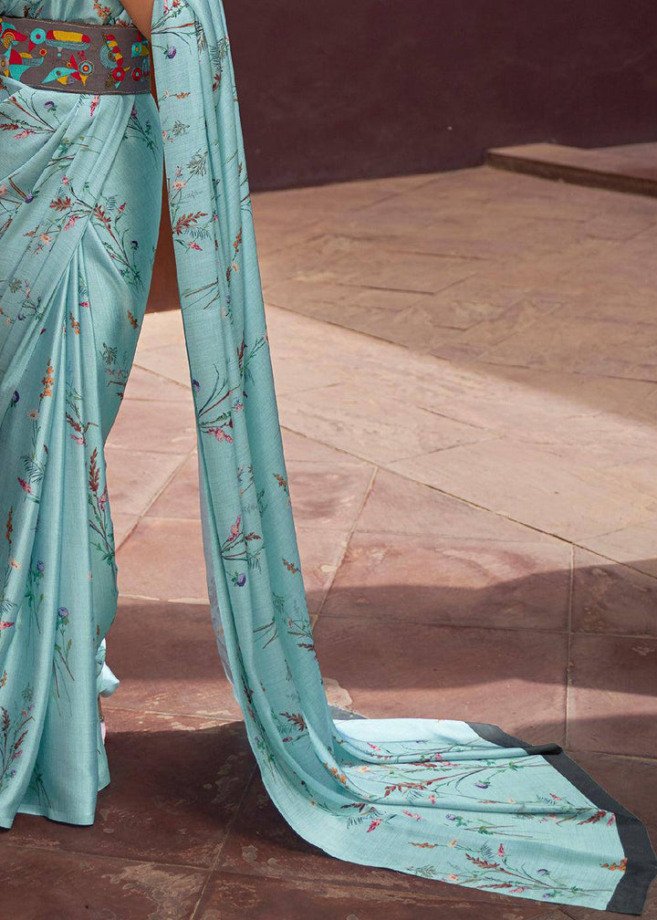 Frost Blue Floral Printed Satin Crepe Saree | Stitched Blouse - qivii