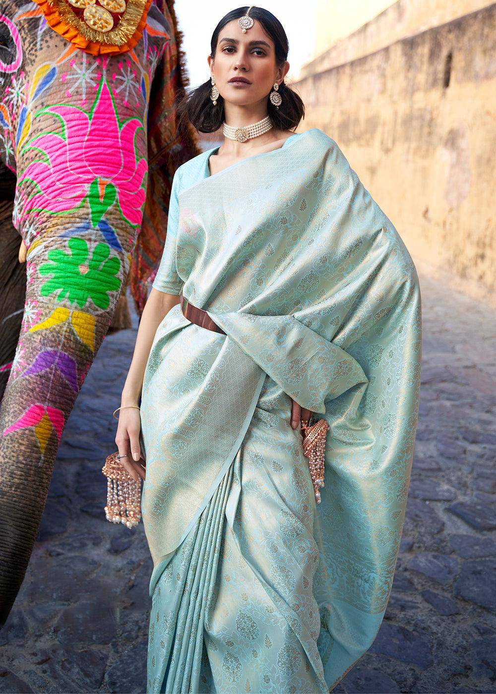 Frost Blue Soft Handloom Weave Kanjivaram Silk Saree | Stitched Blouse - qivii