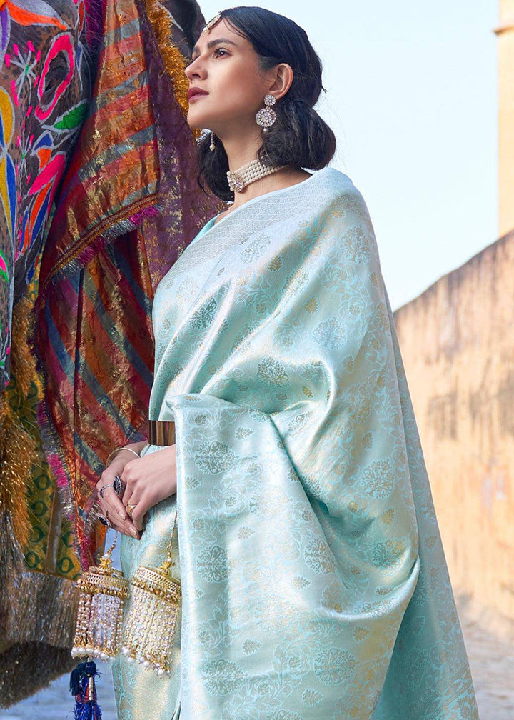 Frost Blue Soft Handloom Weave Kanjivaram Silk Saree | Stitched Blouse - qivii