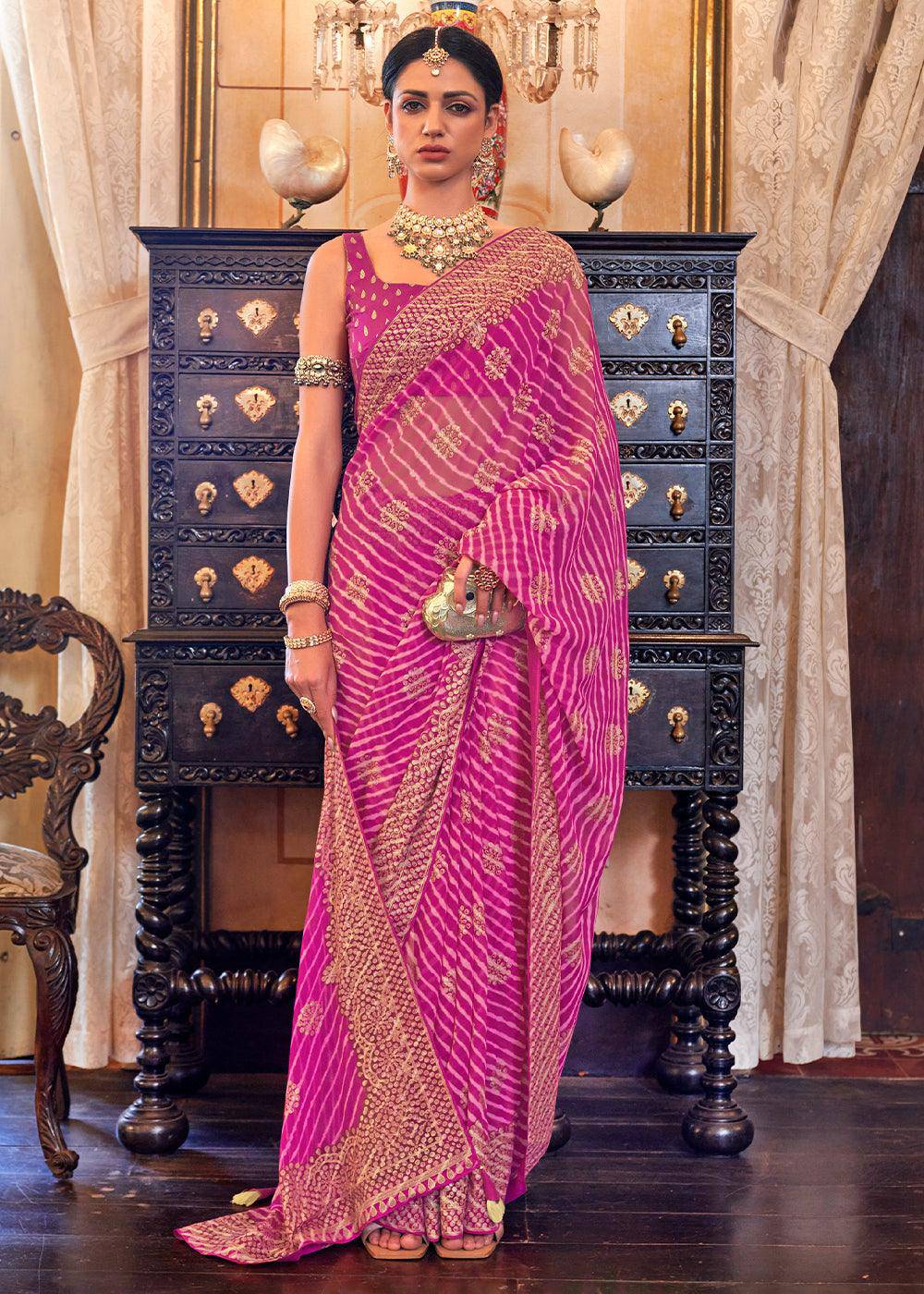 Fuchsia Pink Leheriya Printed Georgette Saree | Stitched Blouse - qivii