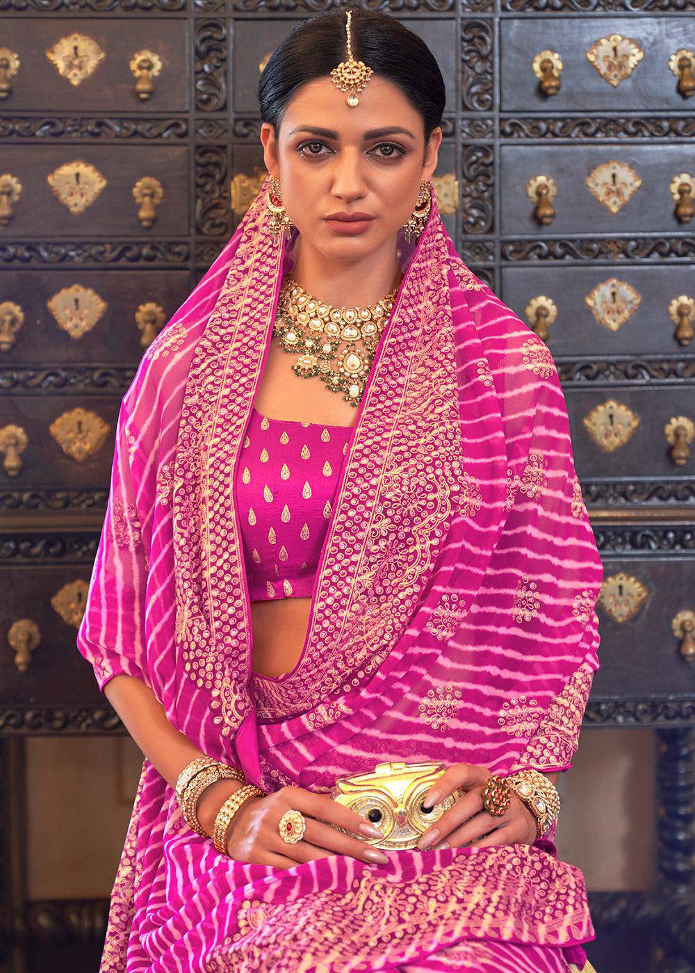 Fuchsia Pink Leheriya Printed Georgette Saree | Stitched Blouse - qivii