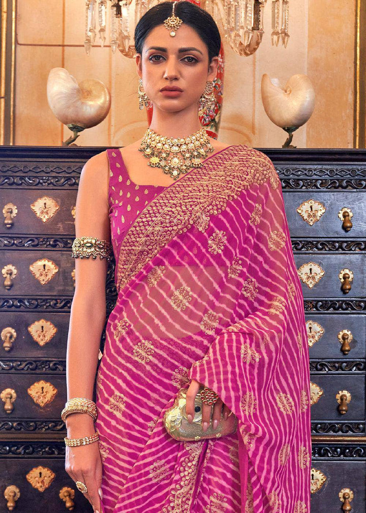 Fuchsia Pink Leheriya Printed Georgette Saree | Stitched Blouse - qivii