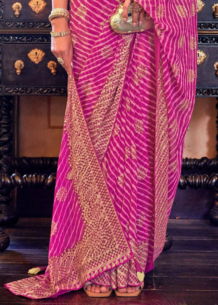 Fuchsia Pink Leheriya Printed Georgette Saree | Stitched Blouse - qivii