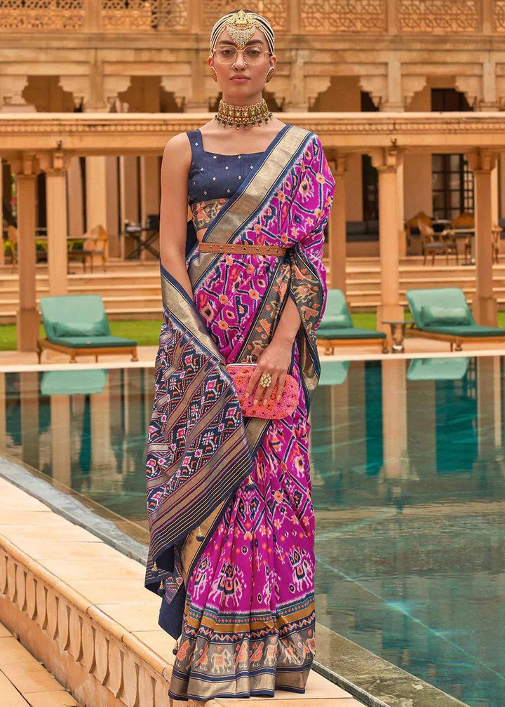 Fuchsia Pink Patola Printed Smooth Silk Saree | Stitched Blouse - qivii