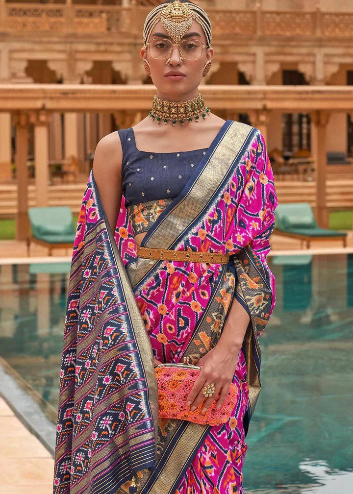 Fuchsia Pink Patola Printed Smooth Silk Saree | Stitched Blouse - qivii