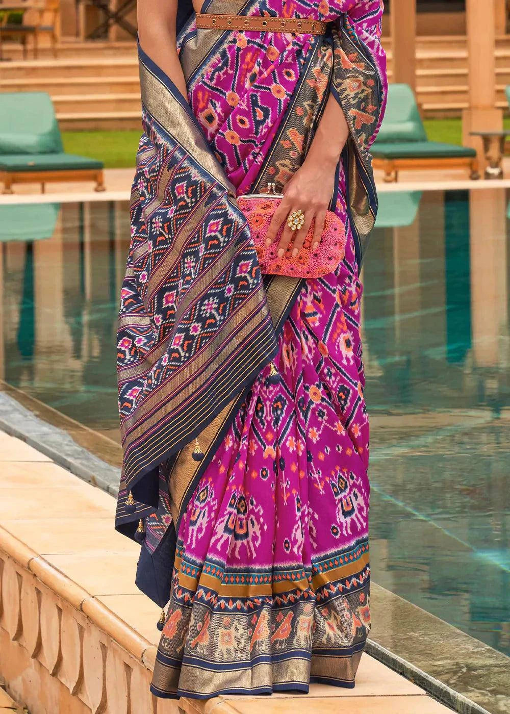 Fuchsia Pink Patola Printed Smooth Silk Saree | Stitched Blouse - qivii