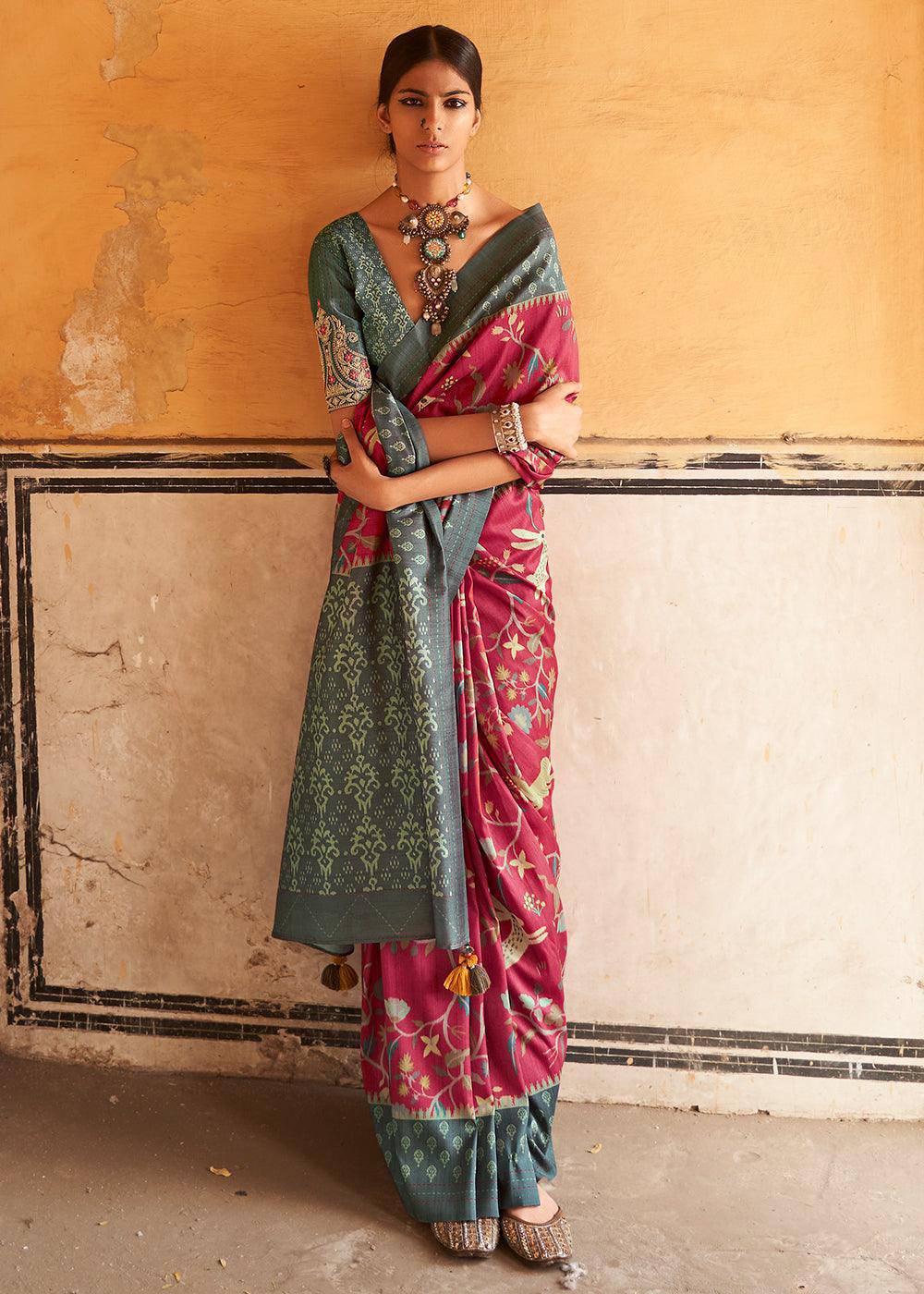 Fuchsia Purple Patola Print Tussar Silk Saree | Stitched Blouse - qivii