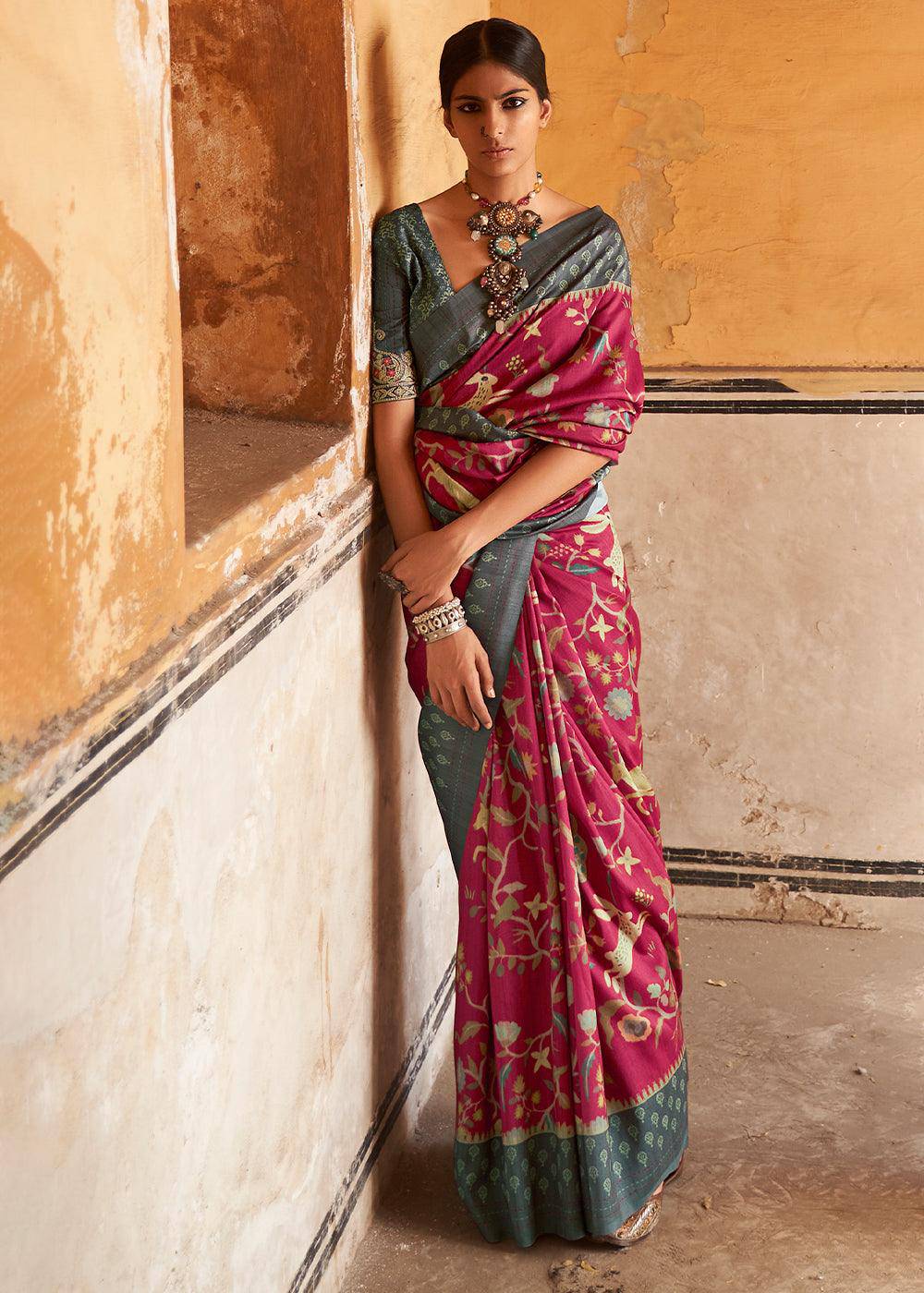 Fuchsia Purple Patola Print Tussar Silk Saree | Stitched Blouse - qivii