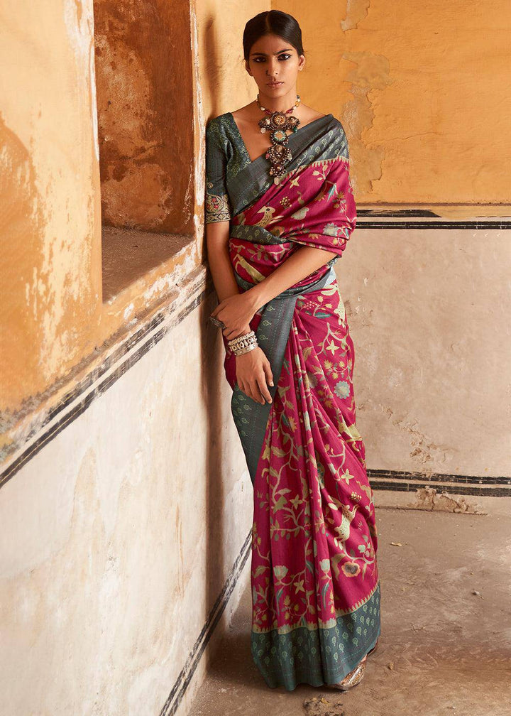 Fuchsia Purple Patola Print Tussar Silk Saree | Stitched Blouse - qivii