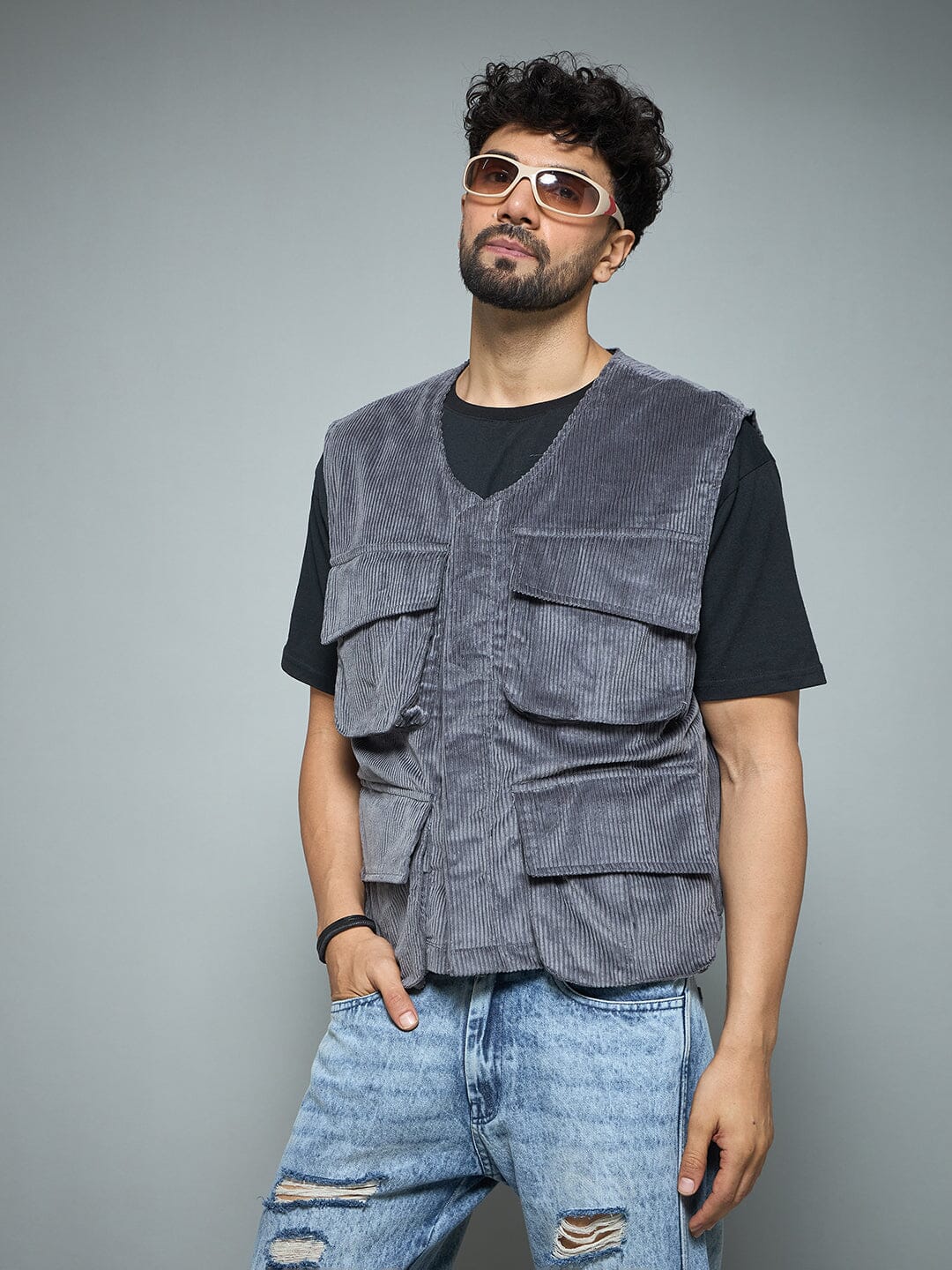 Grey Corduroy Sleeveless Gilet