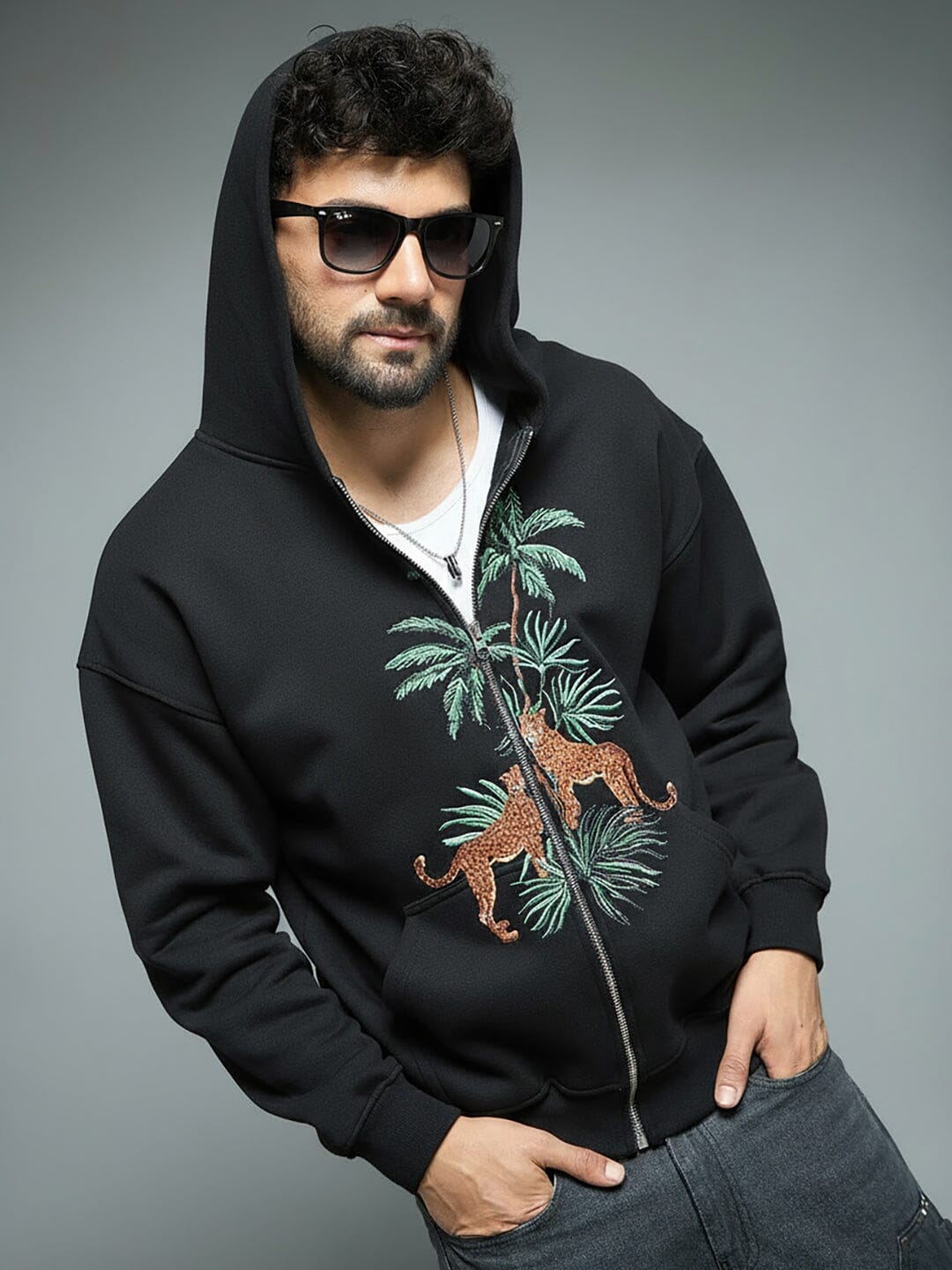 Black Tropical Tiger Embroidered Hoodie