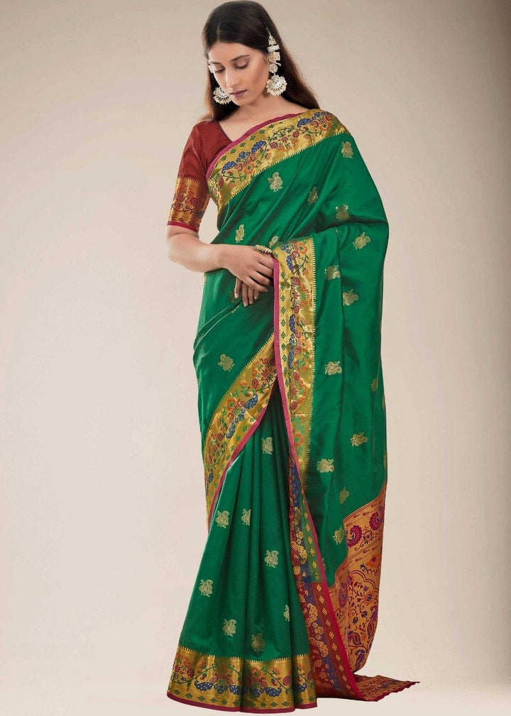 Fun Green Woven Paithani Silk Saree | Stitched Blouse - qivii