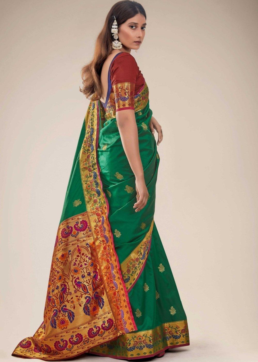 Fun Green Woven Paithani Silk Saree | Stitched Blouse - qivii