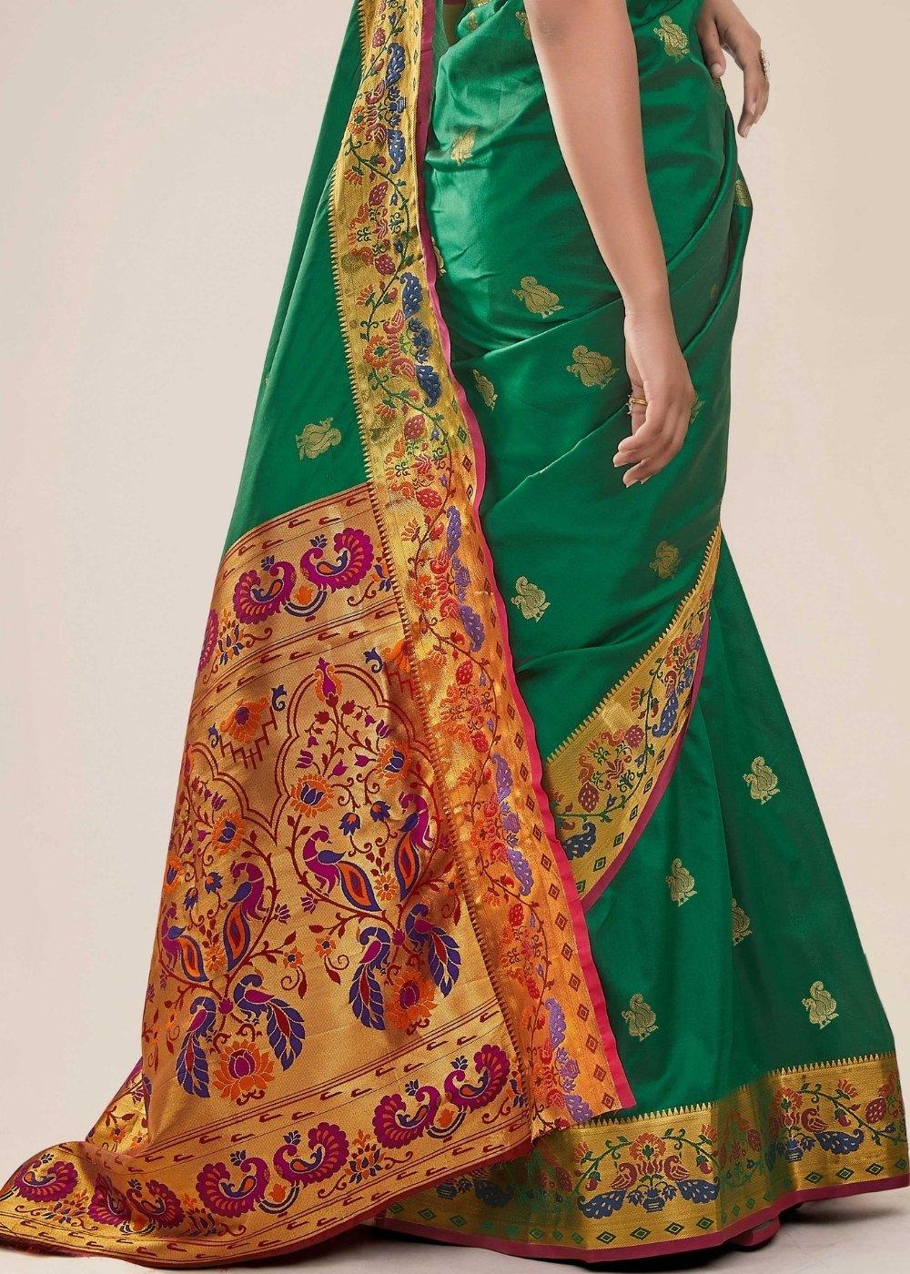 Fun Green Woven Paithani Silk Saree | Stitched Blouse - qivii