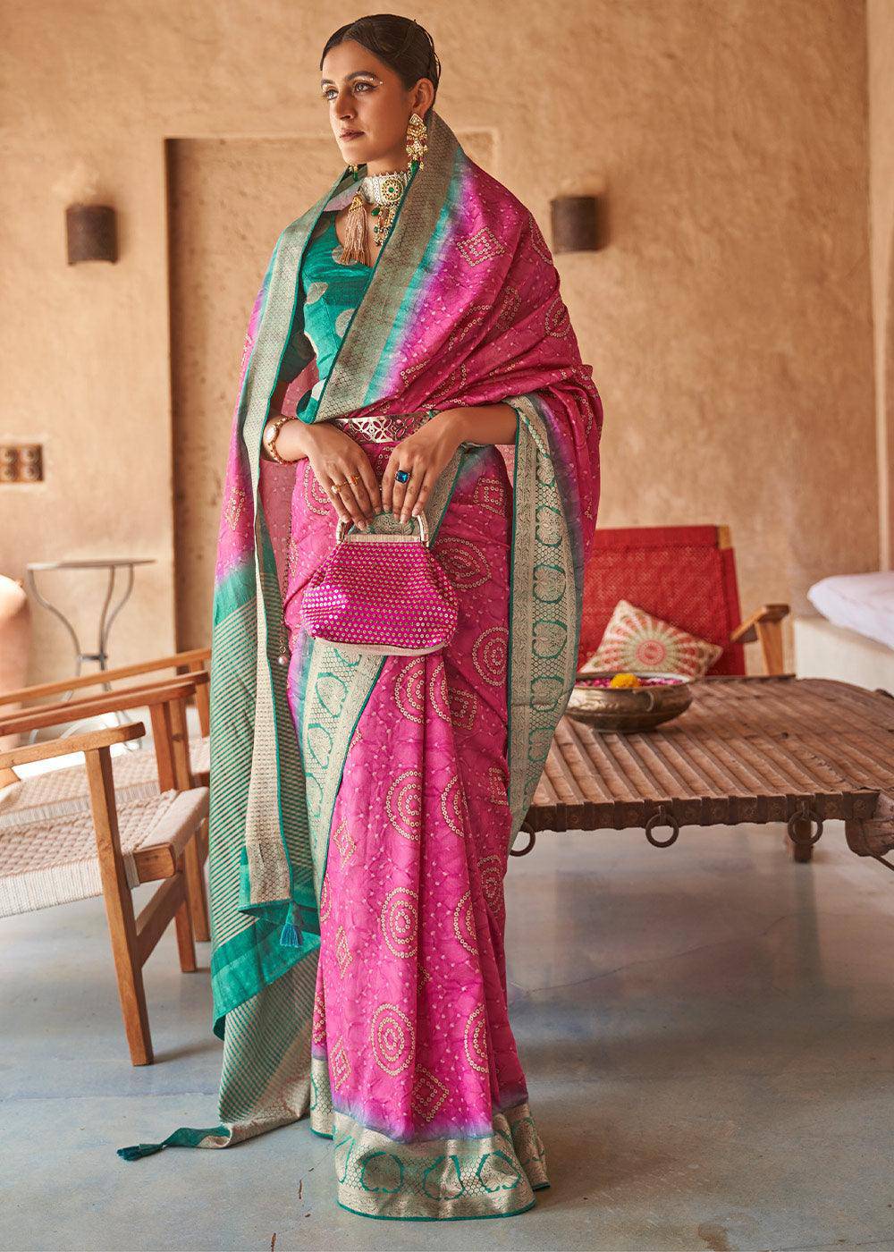 Fuschia Pink Bandhani Design Silk Saree with Jacquard Border & Pallu | Stitched Blouse - qivii